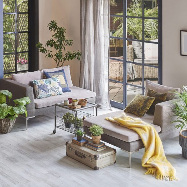 Modern room sofa and empty parquet floor for carpet design, home background, lamp frame, garden view outdoor house concept interior style.