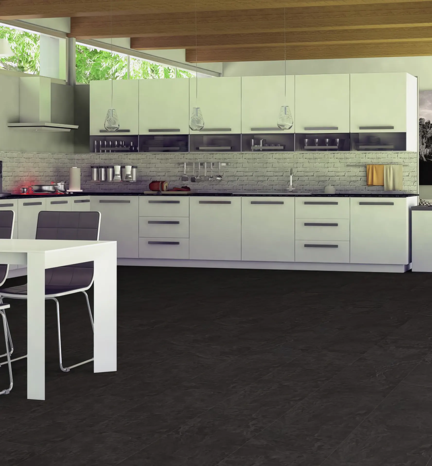 A living space with Editions Tile Charcoal Slate flooring from Pro-Tek™ Flooring. The image features the dark, charcoal-coloured slate tiles, adding a modern and stylish touch to the room.