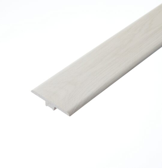 Bishops White T-Profile: An image of the Bishops White T-profile. The flooring piece features a crisp white colour and is designed to join two floors of the same height seamlessly, adding a touch of elegance to any room.