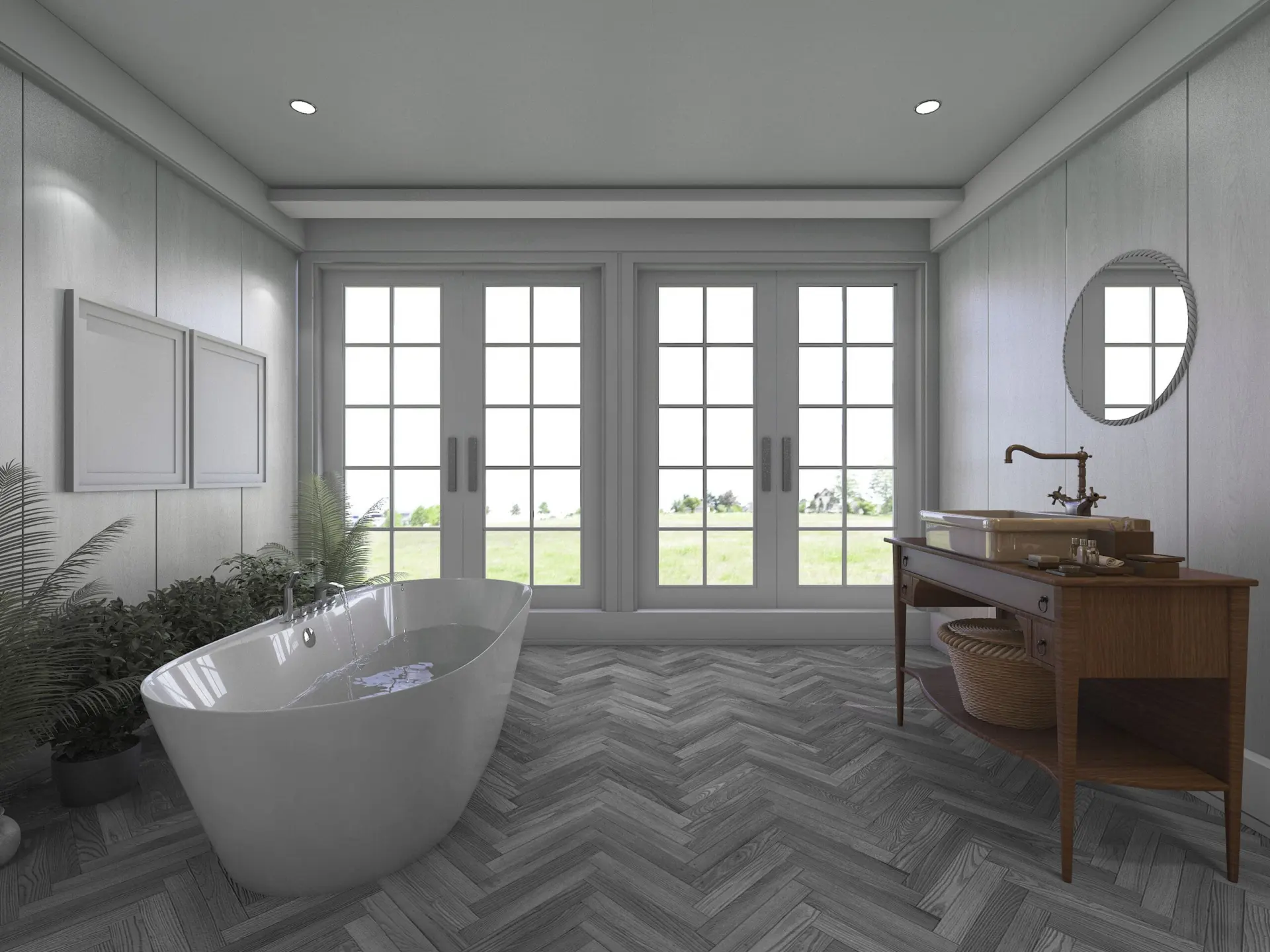 Editions Herringbone Bathroom Flooring: A bathroom setting featuring Editions herringbone patterned flooring in gray, adding a sophisticated and luxurious touch to the interior.