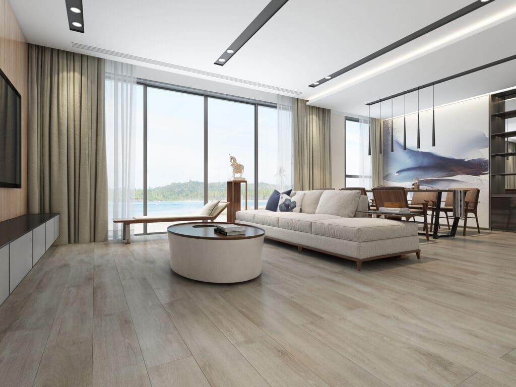 Light Click Vinyl Flooring in Living Room: A living room scene showcasing light-coloured click vinyl flooring, offering durability and style for everyday living areas.