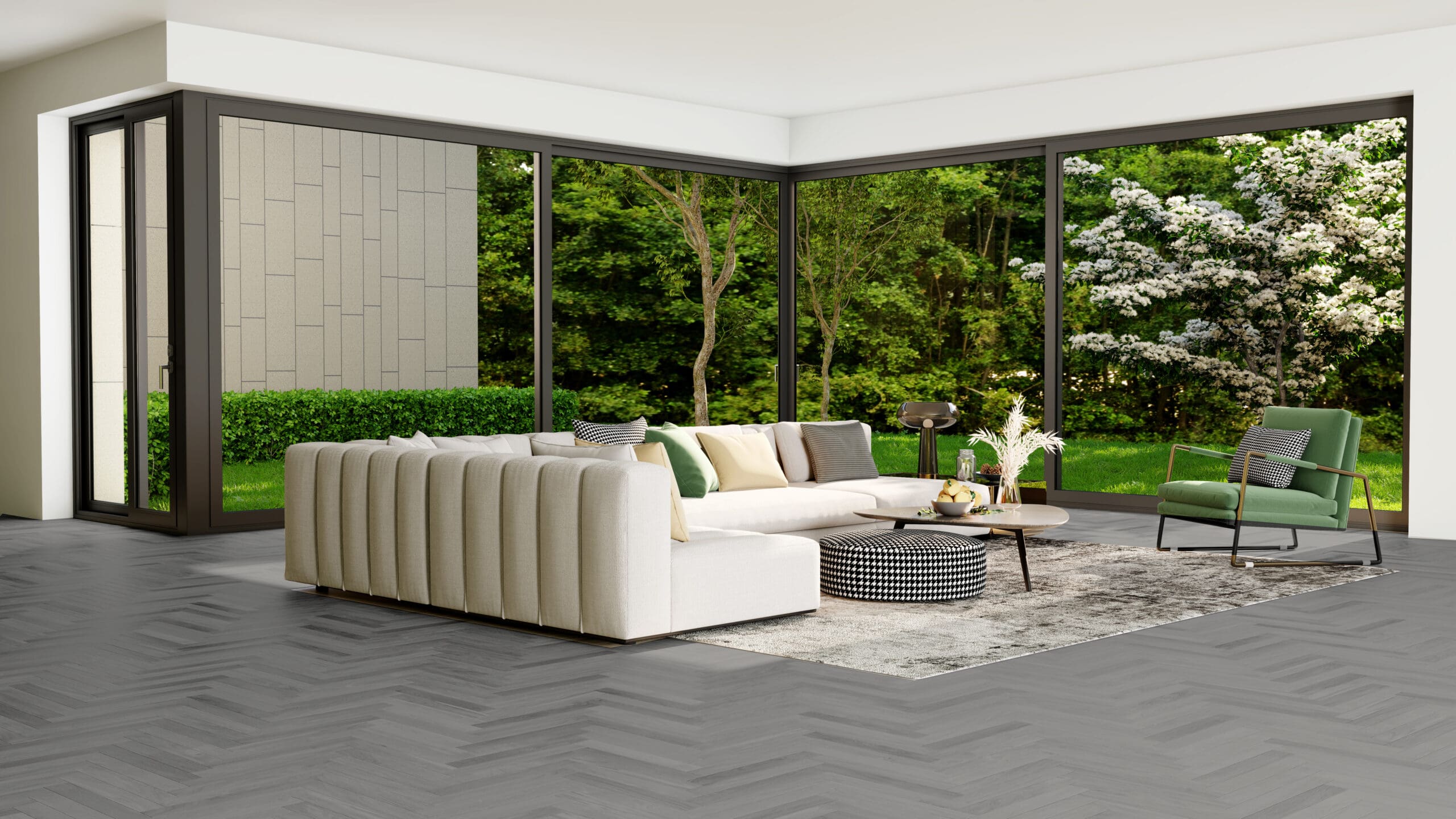 A full view of Highgrove Grey flooring, displaying its elegant grey tone with intricate wood patterns. The finish offers a sophisticated touch, perfect for contemporary interiors.