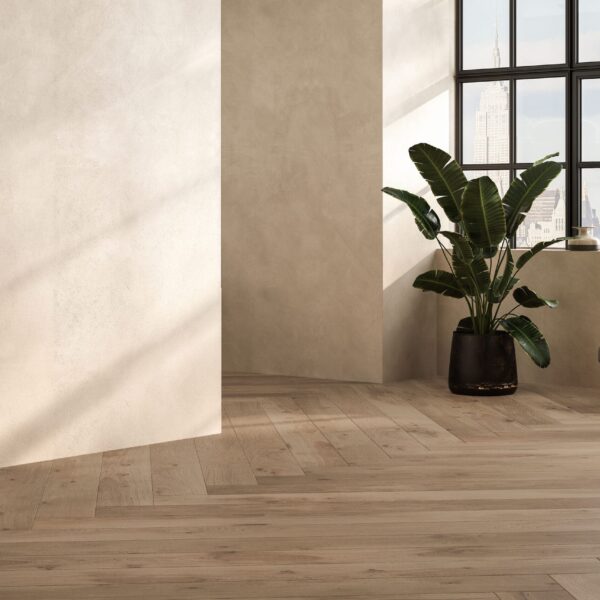 A close-up of Eltham Chino flooring, highlighting its beige-brown hue with delicate wood grain details. This flooring brings a light, airy feel to any room while maintaining a classic wood appearance.